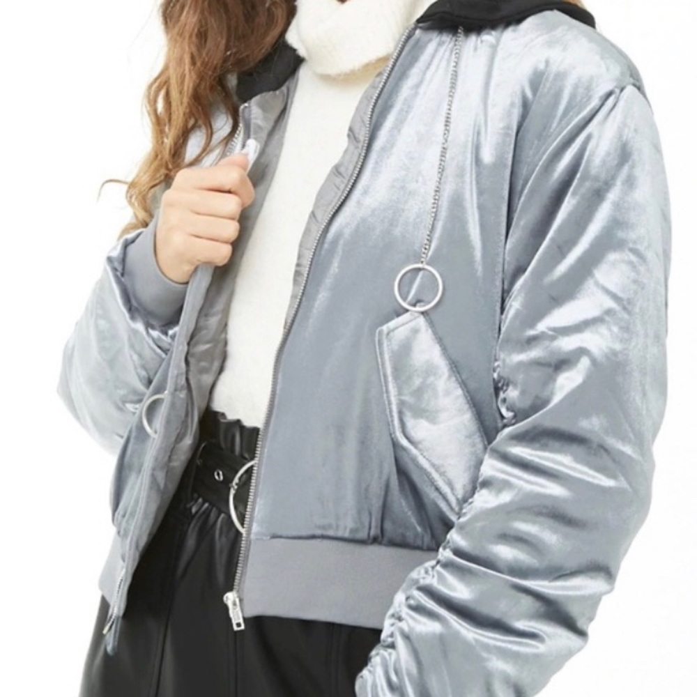 Forever 21 Contemporary Silver Grey Velvet Piercing Hooded Padded Bomber Jacket